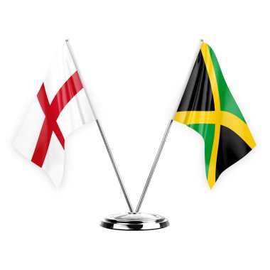 Two table flags isolated on white background 3d illustration, england and jamaica