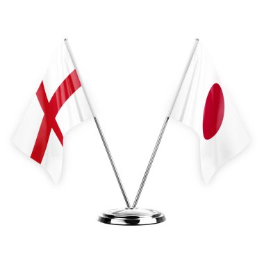 Two table flags isolated on white background 3d illustration, england and japan