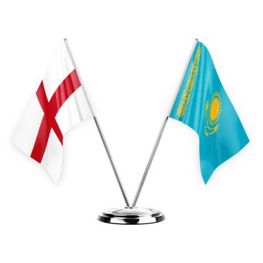 Two table flags isolated on white background 3d illustration, england and kazakhstan
