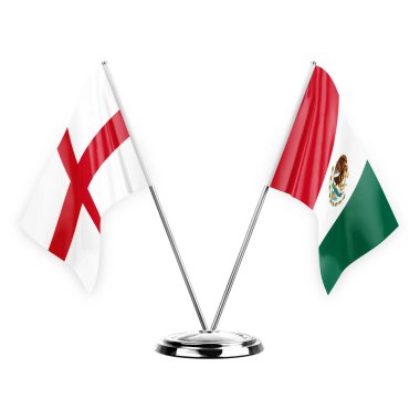 Two table flags isolated on white background 3d illustration, england and mexico