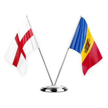 Two table flags isolated on white background 3d illustration, england and moldova