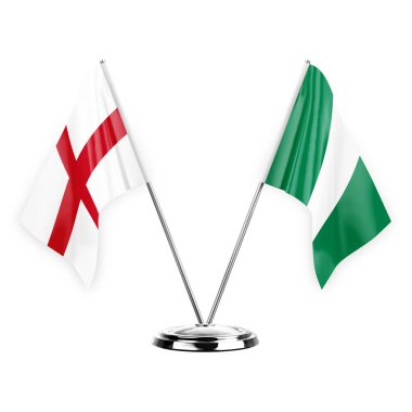 Two table flags isolated on white background 3d illustration, england and nigeria