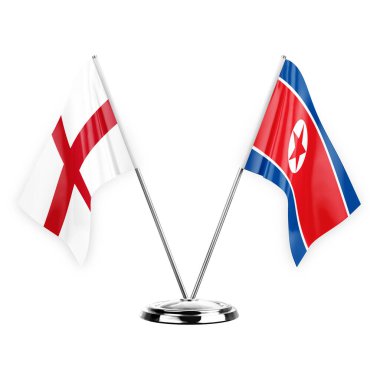 Two table flags isolated on white background 3d illustration, england and north korea