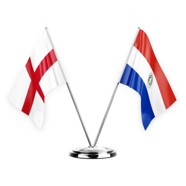 Two table flags isolated on white background 3d illustration, england and paraguay