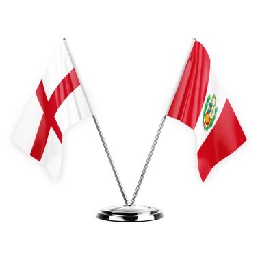 Two table flags isolated on white background 3d illustration, england and peru