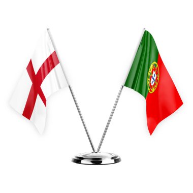 Two table flags isolated on white background 3d illustration, england and portugal