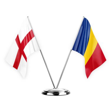 Two table flags isolated on white background 3d illustration, england and romania