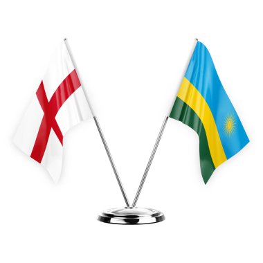 Two table flags isolated on white background 3d illustration, england and rwanda