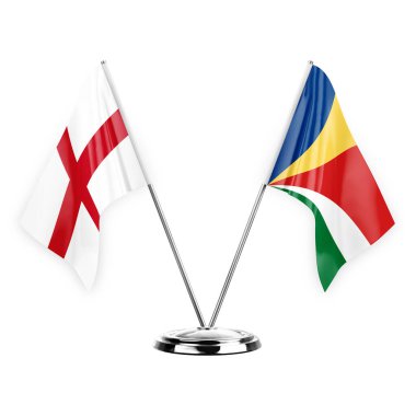 Two table flags isolated on white background 3d illustration, england and seychelles