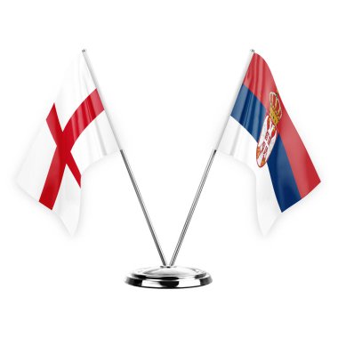 Two table flags isolated on white background 3d illustration, england and serbia