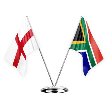 Two table flags isolated on white background 3d illustration, england and south africa