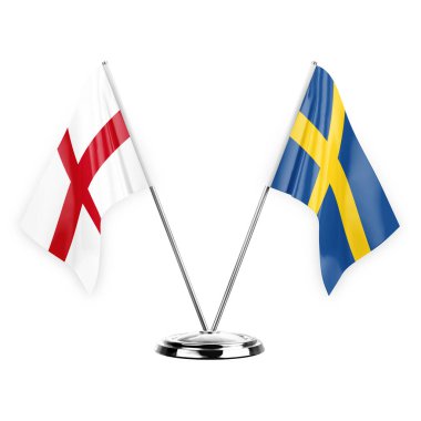 Two table flags isolated on white background 3d illustration, england and sweden