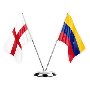 Two table flags isolated on white background 3d illustration, england and venezuela