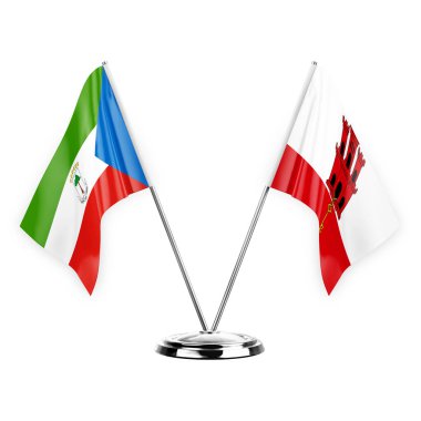 Two table flags isolated on white background 3d illustration, equatorial guinea and gibraltar