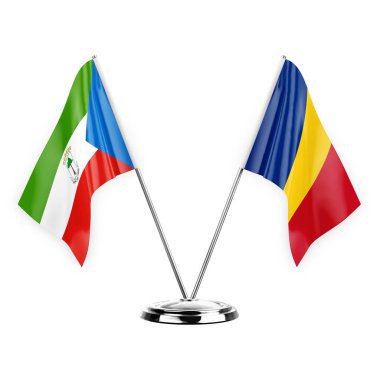Two table flags isolated on white background 3d illustration, equatorial guinea and romania