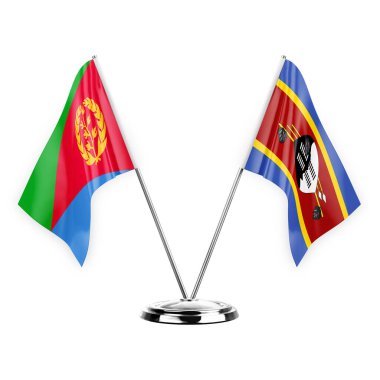 Two table flags isolated on white background 3d illustration, eritrea and eswatini