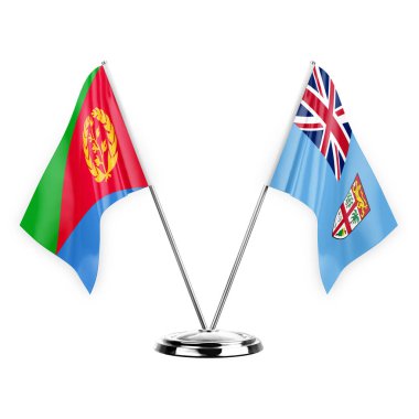Two table flags isolated on white background 3d illustration, eritrea and fiji
