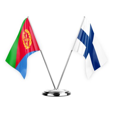 Two table flags isolated on white background 3d illustration, eritrea and finland