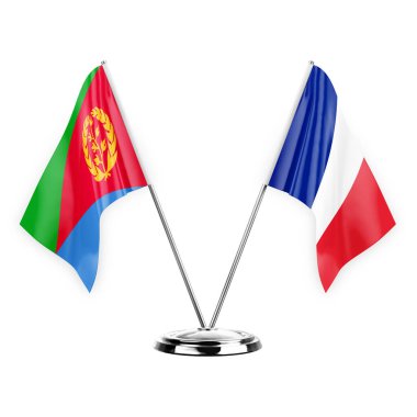 Two table flags isolated on white background 3d illustration, eritrea and france