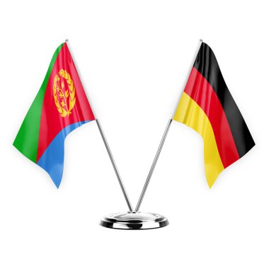 Two table flags isolated on white background 3d illustration, eritrea and germany