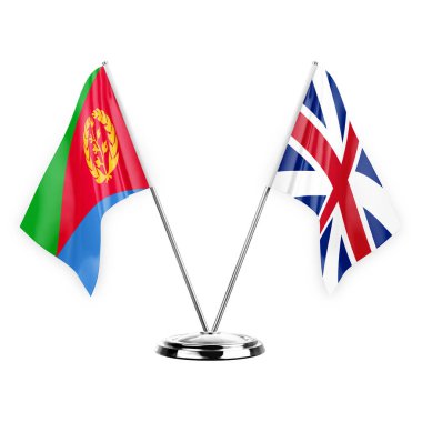 Two table flags isolated on white background 3d illustration, eritrea and britain