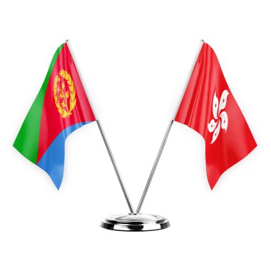 Two table flags isolated on white background 3d illustration, eritrea and hong kong