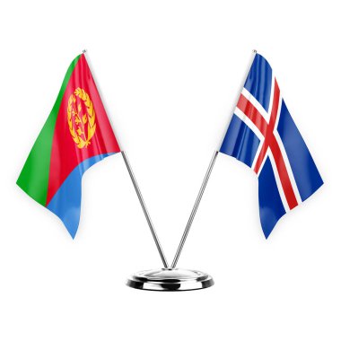 Two table flags isolated on white background 3d illustration, eritrea and iceland