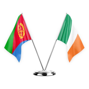 Two table flags isolated on white background 3d illustration, eritrea and ireland