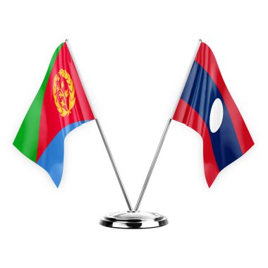 Two table flags isolated on white background 3d illustration, eritrea and laos