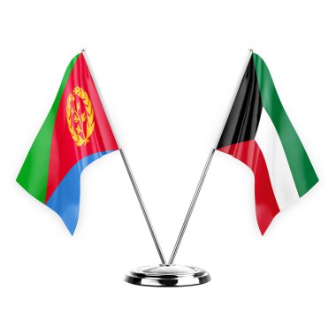 Two table flags isolated on white background 3d illustration, eritrea and kuwait