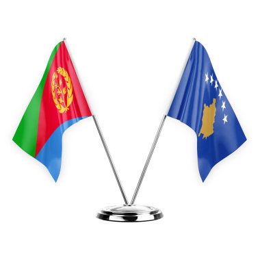 Two table flags isolated on white background 3d illustration, eritrea and kosovo