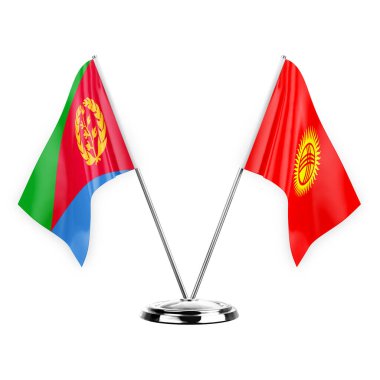 Two table flags isolated on white background 3d illustration, eritrea and kyrgyzstan