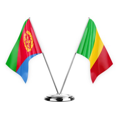 Two table flags isolated on white background 3d illustration, eritrea and mali