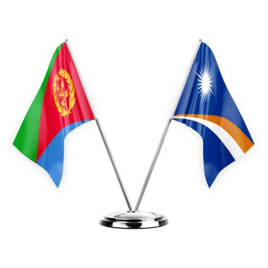 Two table flags isolated on white background 3d illustration, eritrea and marshall islands