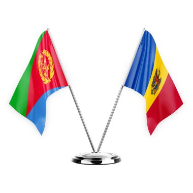 Two table flags isolated on white background 3d illustration, eritrea and moldova
