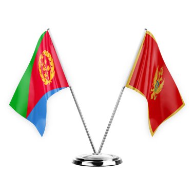 Two table flags isolated on white background 3d illustration, eritrea and montenegro