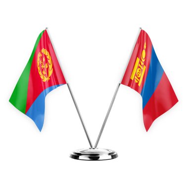 Two table flags isolated on white background 3d illustration, eritrea and mongolia