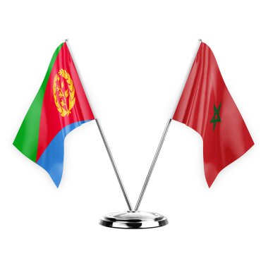Two table flags isolated on white background 3d illustration, eritrea and morocco
