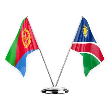 Two table flags isolated on white background 3d illustration, eritrea and namibia