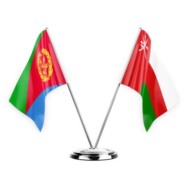 Two table flags isolated on white background 3d illustration, eritrea and oman