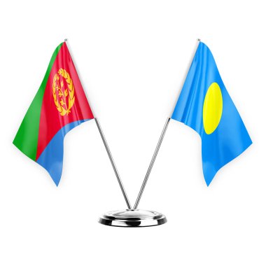 Two table flags isolated on white background 3d illustration, eritrea and palau