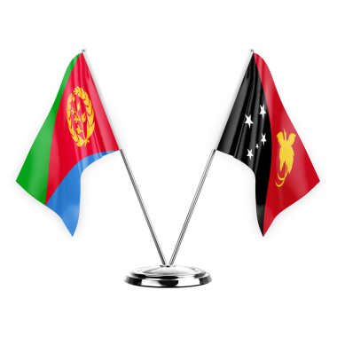 Two table flags isolated on white background 3d illustration, eritrea and papua new guinea
