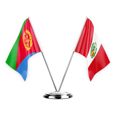 Two table flags isolated on white background 3d illustration, eritrea and peru
