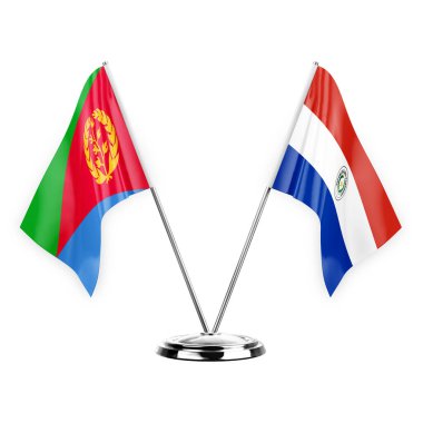 Two table flags isolated on white background 3d illustration, eritrea and paraguay