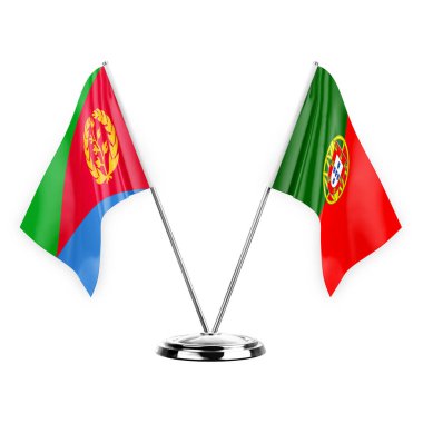 Two table flags isolated on white background 3d illustration, eritrea and portugal