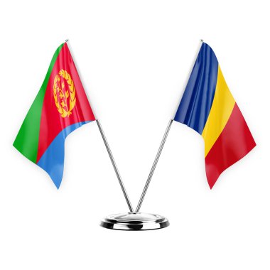 Two table flags isolated on white background 3d illustration, eritrea and romania