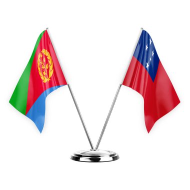 Two table flags isolated on white background 3d illustration, eritrea and samoa
