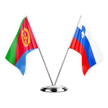 Two table flags isolated on white background 3d illustration, eritrea and slovenia