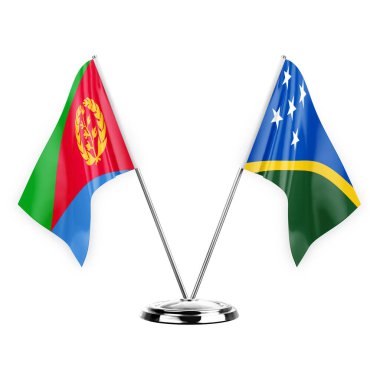 Two table flags isolated on white background 3d illustration, eritrea and solomon islands