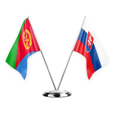 Two table flags isolated on white background 3d illustration, eritrea and slovakia